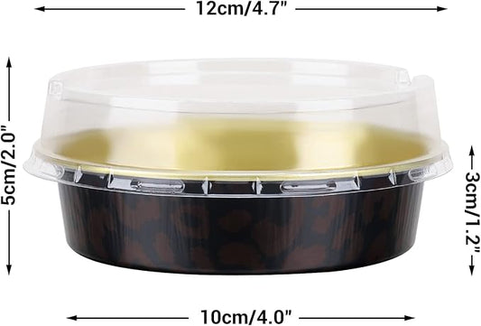 Beasea 50 Pack 4” Mini Pans with Lids, 8oz Disposable Aluminum Baking Foil Tins Round Small Dark Red Spot Container for Individual Cupcake Dessert Muffin Ramekin Cheesecake Quiche Oven Dishes