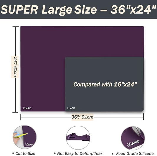 Extra Large Silicone Mat Kitchen Counter Heat Resistant Table Mat 36" x 24" | Place Mats, Countertop Protector, Thick Placemats Washable Silicone Mats for Kitchen Counter Dining Table Mat, Purple, Sapid