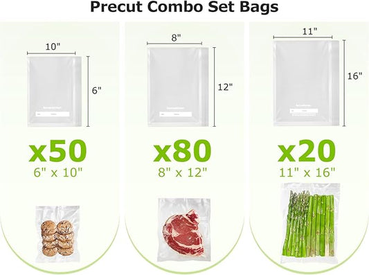 Bonsenkitchen Precut Vacuum Sealer Bags, 20 Gallon 11" x 16"+ 80 Quart 8" x 12"+ 50 Pint 6" x 10", Commercial Grade, BPA Free, Food Sealer Bags for Vac Storage, Meal Prep or Sous Vide Cooking, VB15