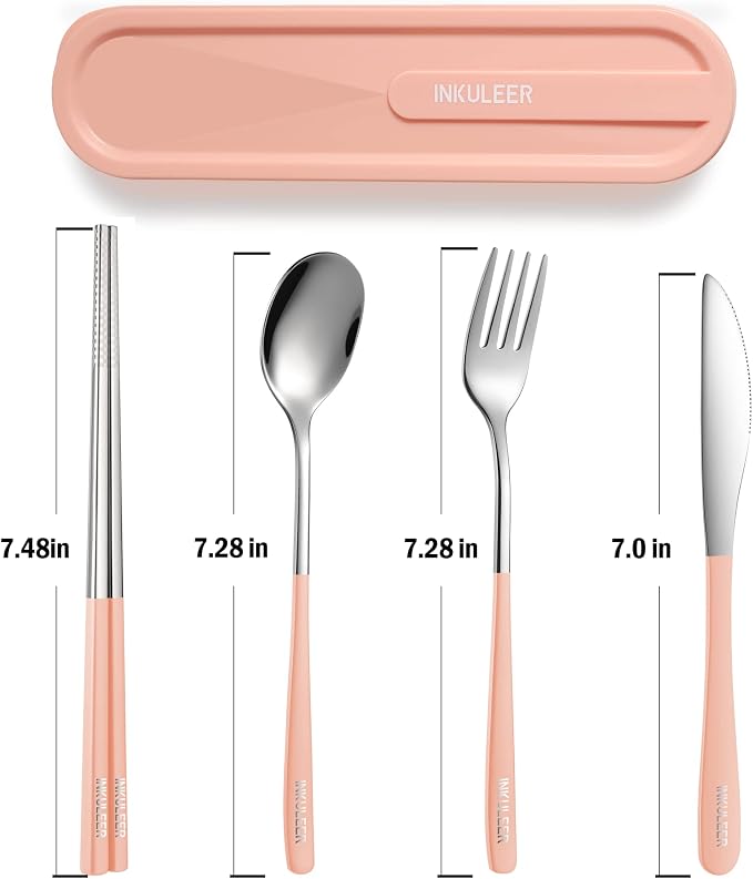iNKULEER Travel cutlery set, 18/8 stainless steel cutlery, Reusable utensils set with case, Portable Silverware Lunch Box for Camping and Office