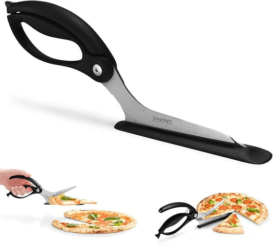 Dreamfarm Scizza 2-In-1 Easy Ergonomic Pizza Scissors with Stainless Steel Pizza Cutter Blades & Non-Stick Slice Server - Black | Cuts and serves pizza with non-scratch, heat resistant serving base, spring-loaded German stainless steel blades