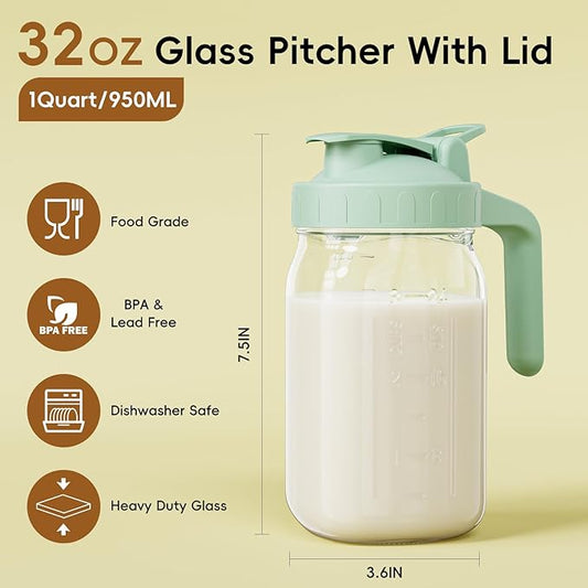 Breast Milk Pitcher Jug - 32 oz Glass Mason Jar Airtight Pitcher with Pour Spout Handle for Breastmilk, Iced Tea, Ice Drinks Storage Container(Green)