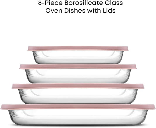 JoyJolt 8-Piece Borosilicate Glass Oven Dishes with Blushy Pink Lids, Rectangle Deep Glass Baking Dish Set, Baking Pans for Lasagna Casserole Cake, Bakeware Set, Freezer to Oven Tray to Dishwasher