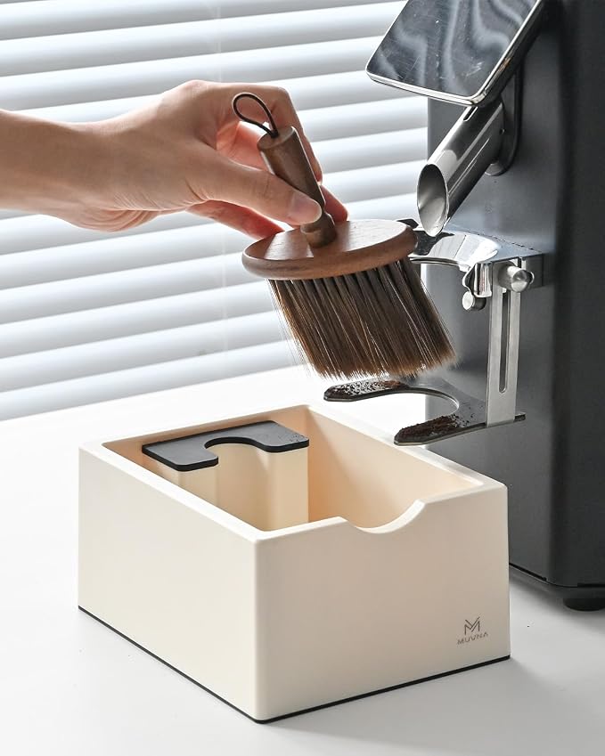 Espresso Knock Box with Brush, 15 Pucks Coffee Grounds Dump Bin with Silicone Knock Bar, Anti-Slip Base & Tamping Station, Quiet Knockbox Set for Home Kitchen & Coffee Bar (Beige)