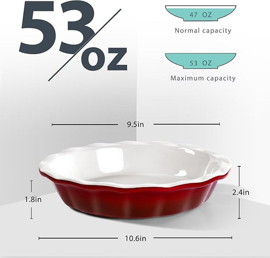 Lareina Deep Dish Pie Pan for Baking, 9 Inch Ceramic Fluted Pie Dish for Apple, Quiche, Pecan, Pot Pies, 53 Ounce Round Pie Plate, Set of 2, Red