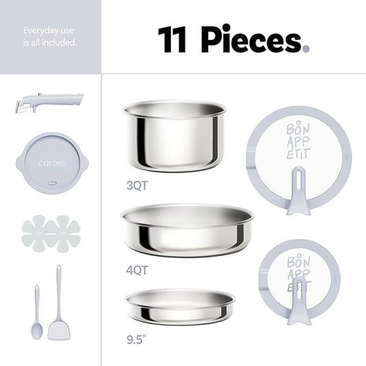 CAROTE Tri-Ply Stainless Steel Cookware Set with Stand-Up Lid, 11Pcs Pots and Pans Set Non Stick, Induction Kitchen Cooking Sets with Detachable Handle, Oven Safe to 600°F, Non Toxic Dishwasher