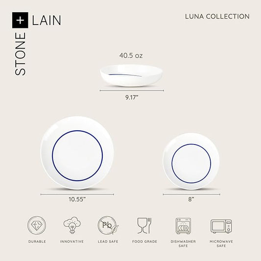 Stone Lain Luna 12-Piece Porcelain Dinnerware Set, Plates and Bowls Set, Dish Set for 4, Blue
