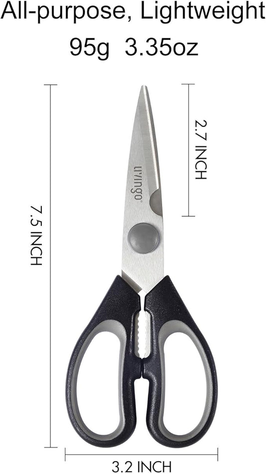 LIVINGO 7.5" Kitchen Scissors All Purpose for Sharp Cutting Small Bones & Vegetables, with Nutcracker Grip Comfortable, Heavy-duty Food Shears for Home Cooking