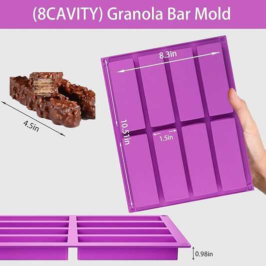 8 Cavity Silicone Molds For Baking,Rectangle 1 Inch Deep Chocolate Bar Mold - Homemade Granola Bar/Cereal Protein Energy/Candy Bar Mold - Set Of 2