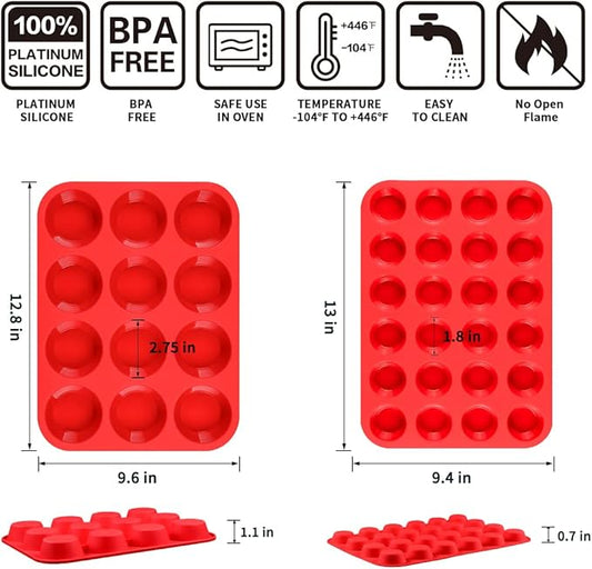 Silicone Muffin Pan, Mini Muffin Pan, Regular 12 Cups and Mini 24 Cups Cupcake Tin Set of 2 for Baking Egg Bites