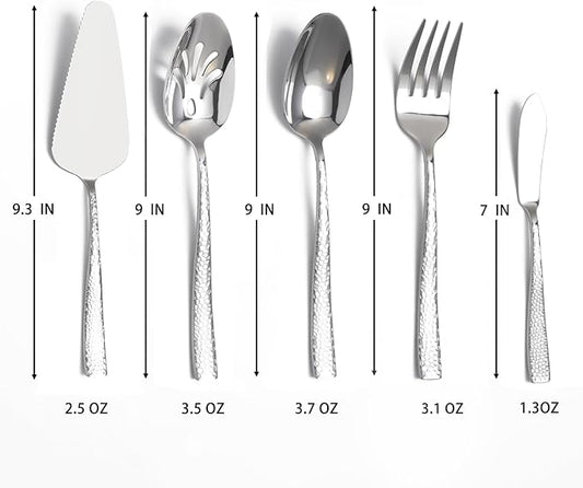 Large Hostess Serving Utensils Set, Stainless Steel Heavy Duty Hammered Serving spoons, Slotted Spoons, Serving Fork, Cake Server, Butter Knife, Dishwasher Safe(Silver)
