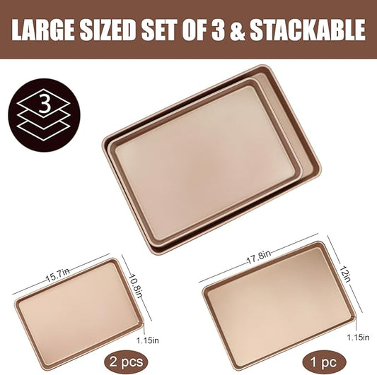 3-Pack Nonstick Carbon Steel Baking Sheet Set | Heavy Duty 0.8mm Cookie Sheets - Large 17.8"x12" & 2 Medium 15.7"x10.8" Commercial Gold Pans for Oven, Roasting & Toaster