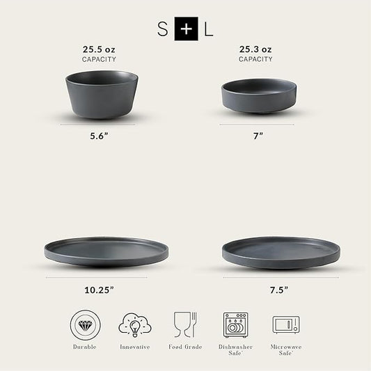 Stone Lain Celina Stoneware 16-Piece Dinnerware Set, Cereal and Dinner Bowls, Grey