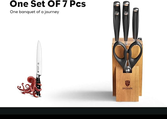 BRODARK Knife Set: 7 Piece Sharp Knife Set Without Steak Knives, Knives Set for Kitchen with German Stainless Steel & Ergonomic Handle, Acacia Wood Block with Built-in Sharpener, Ideal Gifts