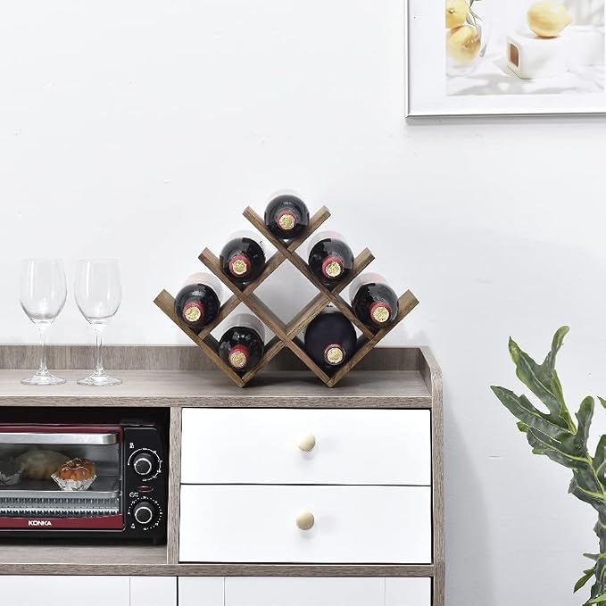 KIRIGEN Wooden Wine Rack, 8-Bottle 3-Tier Countertop Wine Holder, Brown | 16.73 x 5.91 x 11.14 In, Holds 8 Standard Wine Bottles for Cabinets, Pantry Shelves, and Kitchen Counter, Assembly Required