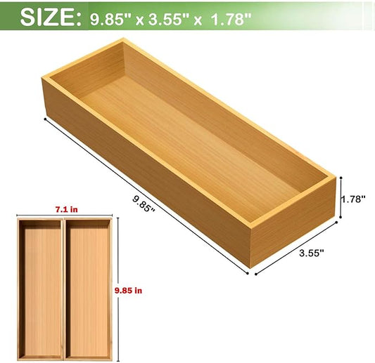 Bamboo Drawer Silverware Organizer, Silverware Tray, Flatware Organizer, Bamboo Storage Box Suitable for Office, Bathroom and other objects storage (9.85"x3.55"x1.78"- Set of 2)