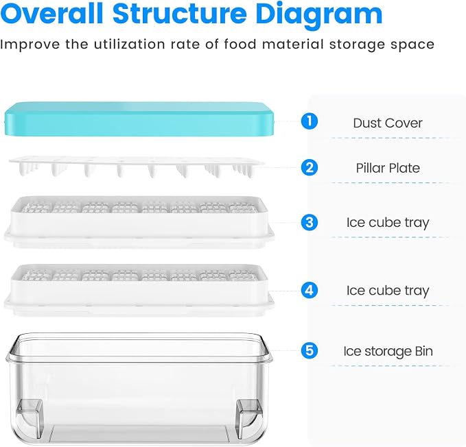 1.0" Ice Cube Tray with Lid and Bin, PHINOX 64 Cubes Ice Trays for Freezer, Ice Cube Trays for Freezer with 2 trays, Container, Lid & Ice Scoop, BPA Free, Blue(32Cubes/Tier)