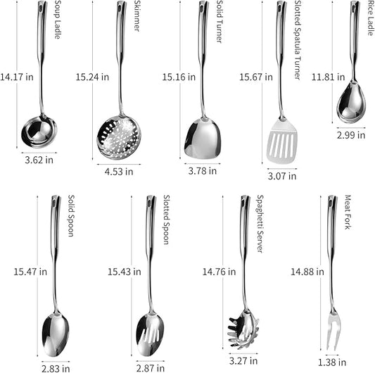 304 Stainless Steel Kitchen Cooking Utensils Set - 9 PCS Serving Utensils, Include Skimmer, Soup Ladle, Spaghetti Server, Wok Spatula, Slotted & Solid Spoon, Slotted Spatula Turner, Meat Fork (Silver)