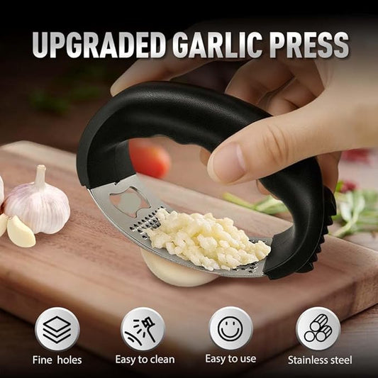 Stainless Steel Garlic Press Rocker, 2025 New Garlic Mincer and Garlic Crusher, Easy-Squeeze Garlic Tool with Peeler and Cleaning Brush for Smashing Garlic (A2-2Pcs)