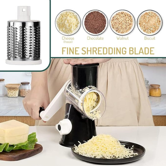 Rotary Cheese Grater with Handle Vegetable Shredder Round Kitchen Slicer Mandoline Grater for Vegetable, Nuts, Chocolate, Chesse, White, 3 Stainless Steel Blades