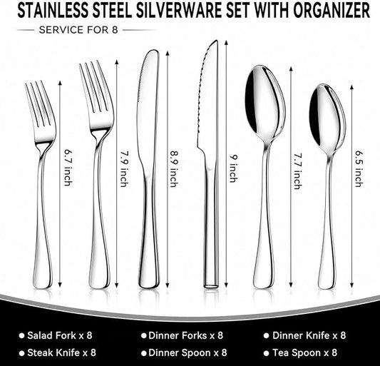 49-Piece Stainless Steel Silverware Set with Cutlery Organizer, Service for 8 with Steak Knives and Kitchen Utensils