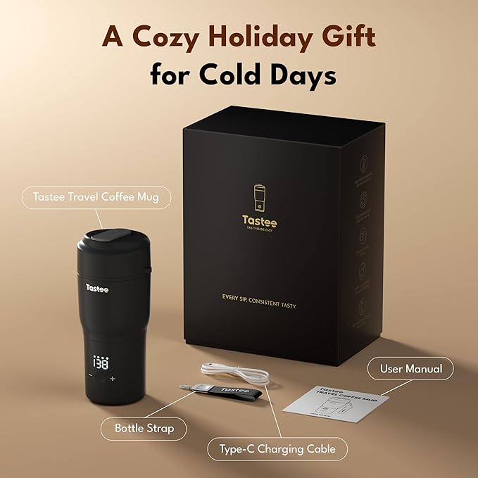 Tastee Heated Coffee Mug โ 12oz Portable Travel Mug with 1โ Precise Temperature Control, 8-Hour Heat Retention, 30W Fast Charging, Leak-Proof, Wide Mouth, Gift-Ready for Office, Home & Outdoor(Black)