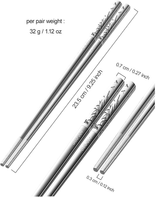 Stainless Steel Chopsticks - Laser-Engraved,Reusable metal chopsticks Non-Slip Tips, Dishwasher Safe Metal Utensils for Sushi, Cooking, Family & Gifts 9.25 Inches (Classic)