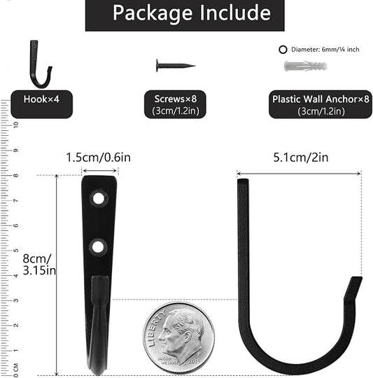 4Pcs Wall Hooks for Hanging Coat/Towel - 50LB Screw in Metal Hanger Wall Mount, for Outdoor, Closet, Door, Bathrooms, for Backpack, Robe
