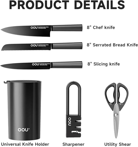 OOU Knife Set with Block and Sharpener, 6 Pcs High Carbon German Steel Kitchen Knife Block Set with Universal Knife Holder, Dishwasher Safe Knife Set for Small Kitchen, Space-Saving, Anti-Rust