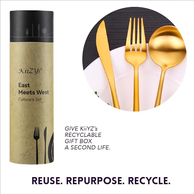 Matte Gold Utensils Set - 16-piece KiiZYs Cutlery Stainless Steel Silverware - Flatware Set Korean Chopsticks Fork Spoon Knife - Cubiertos Dorados Dishwasher Safe Gift Box (Gold, Service for 4)