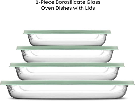 JoyJolt 8-Piece Borosilicate Glass Oven Dishes with Sage Green Lids, Rectangle Deep Glass Baking Dish Set, Baking Pans for Lasagna Casserole Cake, Bakeware Set, Freezer to Oven Tray to Dishwasher
