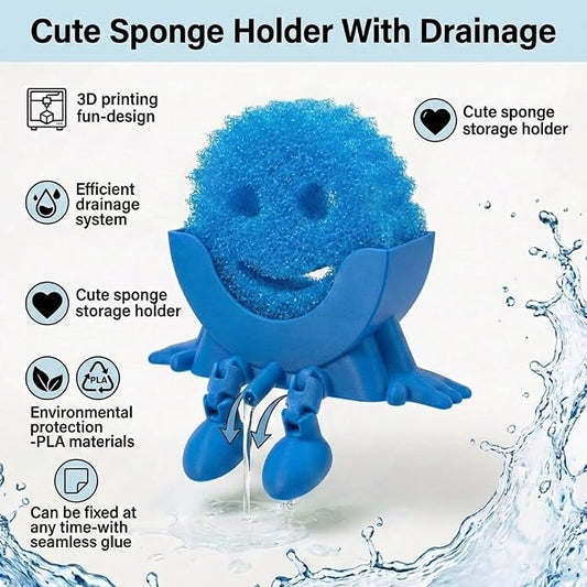 Creative Drainage Sponge Holder: Traceless Glue, 3D Printed Funny Kitchen Sink Holder, Keeps Sponge Dry – for Scrub Daddy (1, Blue)