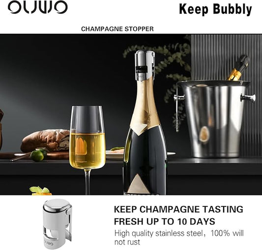 Champagne Stopper 6 Pack Stainless Steel Champagne Save with Food Grade Silicone,Leak-Proof Bubble Retaining Saver,Suitable for Champagne Prosecco Cava and Sparkling (Silver)