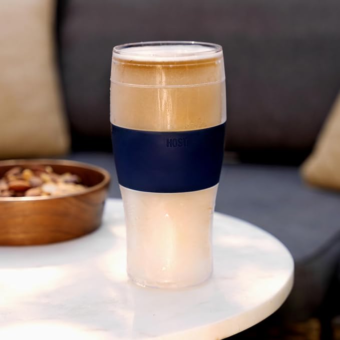 Host FREEZE Beer Glasses, Frozen Mugs, Freezable Pint Set, Keep Your Drinks Cold, Double Walled Insulated Glass, Tumbler for Iced Coffee, 16 oz, Set of 2, Varsity Blue