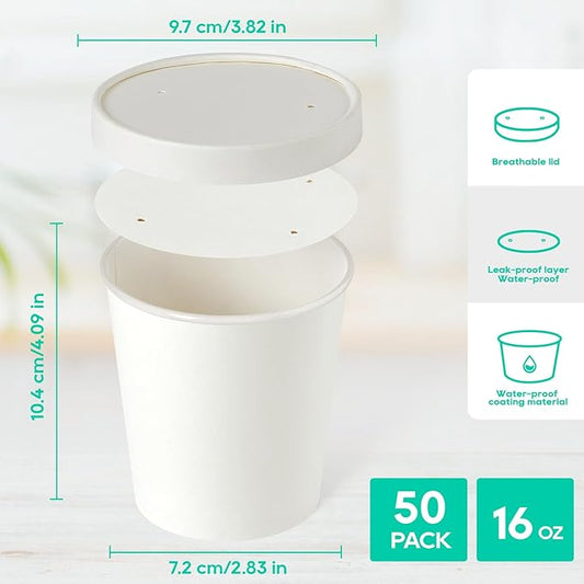 JOLLY PARTY 50pack 16oz Paper Soup Containers with Lids, Disposable Paper Food Cups, Ice Cream Cups, Food Storage with Lids, Microwavable and Freezer Safe, Suitable for Christmas Thanksgiving (White)
