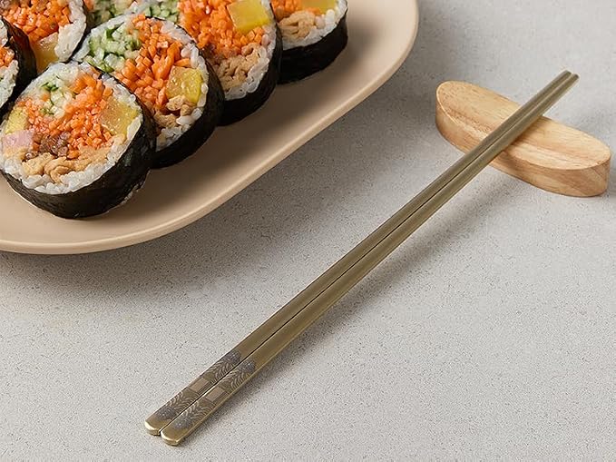 Korean Metal Chopsticks 2 Pairs, Matte Gold Stainless Steel Chopsticks with Two-Tone Dancheong Laser Engraving, Reusable Dishwasher Safe Gift Set
