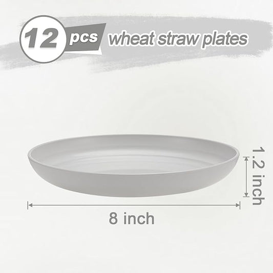 12 Pcs Unbreakable Deep Dessert Plates Set, 8 inch Reusable Plastic Wheat Straw Plates, Microwave and Dishwasher Safe Plate for Kitchen, Lightweight Plate for Dessert, BPA Free, White Gray