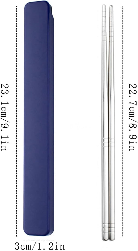 Metal Chopsticks 2 Pair Reusable Stainless Steel With Pull Design Case - Portable Utensil for School, Home, Office, Camp, Travel, Bento Box (Black, Dark Blue)