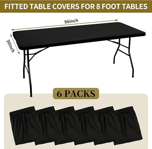 6 Pack Stretch Fabric Table Top Cap Cover, fits 8' Tables, Spandex Table Covers Washable Elastic Universal Rectangle Tablecloth Protector for Indoor Outdoor Party Picnic Wedding, Black, 30" W x 96" L