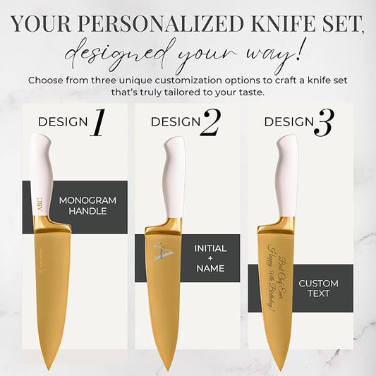 Personalized Gold Knife Set with Self-Sharpening Block – Make It Uniquely Yours with Custom Engraving on Luxurious White and Gold Knives – Personalized Gift for Weddings, Birthdays, Anniversaries