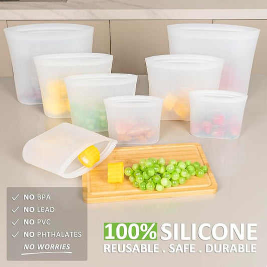 100% Silicone Reusable Storage Bag, 9 Pack Stand-Up Wide-Mouth Zip-Lock Food Storage Bags, Easy-Fill Easy-Open Easy-Clean Space-Saving, Microwave & Dishwasher Safe, Gallon/Sandwich/Snack, Translucent