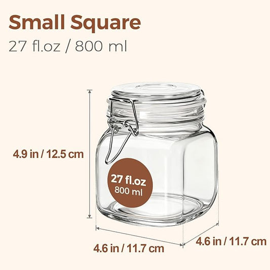 ComSaf 25oz Airtight Glass Canisters with Lids Set of 6, Square Food Storage Jar Container with Clamp Lids for Kitchen Canning Cereal Coffee Pasta Sugar Beans Spice, Clear Mason Jars with 12 Labels