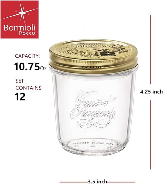 Bormioli Rocco Quattro Stagioni 10.75 oz Glass Preserving Jar (Set of 12) - Wide‑Mouth Twist‑Top Canister with Airtight Seal - Bee embossed Storage & Serving Vessel - Made in Italy, BPA‑Free
