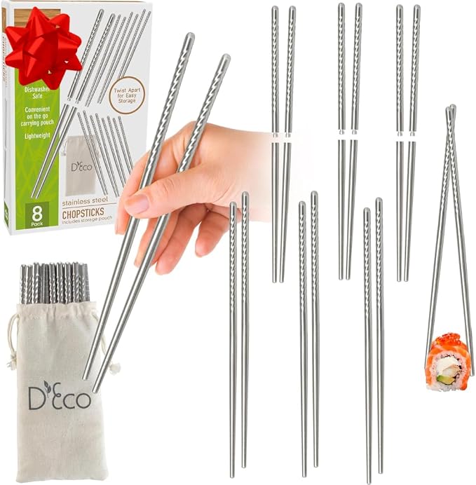 D'Eco Reusable Metal Chopsticks (8 Pairs)- Stainless Steel Twist Apart Silver Chopsticks & Travel Pouch- Lightweight, Durable, Dishwasher Safe- Great for Chinese Japanese Cuisine- On the Go Silverware