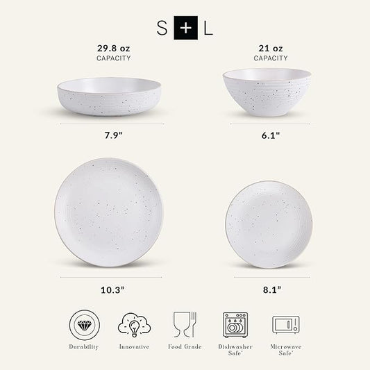 Stone Lain Lauren Stoneware, Rustic Plates and Bowls Set, Dinnerware, Service for 4, Speckled Off White, Dishwasher & Microwave Safe, 16-Piece