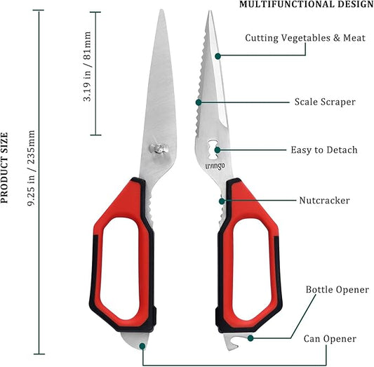 LIVINGO Kitchen Scissors Set All Purpose - Heavy Duty Stainless Steel Come Apart Food Shears for Cutting Meat, Vegetables, Dishwasher safe, 2 Pack, Red Black Multi-Function Handles