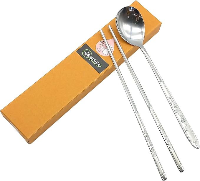 GARASANI Korean Traditional Cutlery Stainless Steel Spoons and Chopsticks Set (Silver Plum blossom)