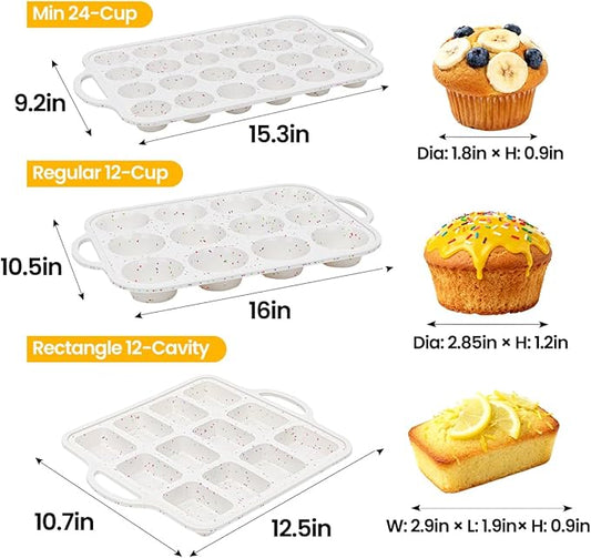 CAKETIME 3 Pack Silicone Bakeware Set, Metal Reinforced Frame Silicone Muffin Pans for Baking Nonstick with Handle,12 & 24 Cup Muffin Pans and 12-Cup Mini Loaf Pan, BPA Free