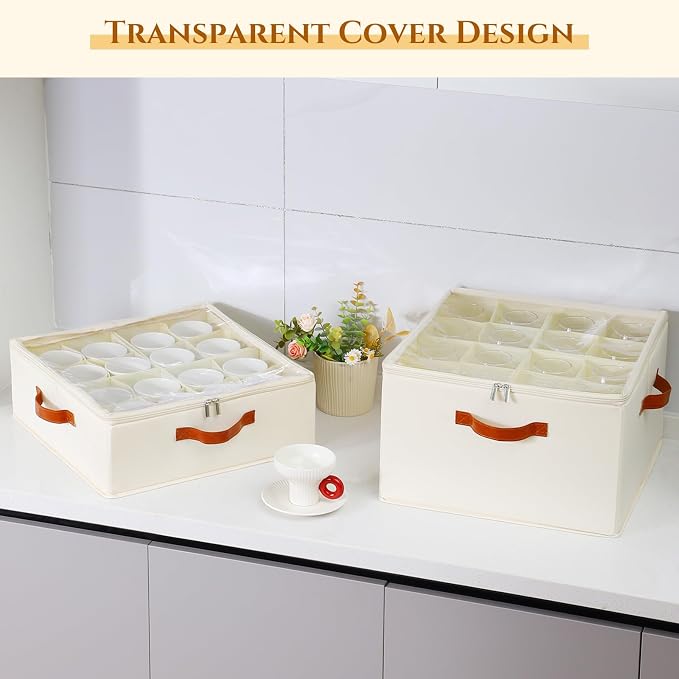 Foyego Cup and Mug Storage Box, Beige | 16 Adjustable Dividers, Hard Shell, with Transparent Lid, 3 Handles, Zippers, Stackable Storage Organizers for Packing&Moving
