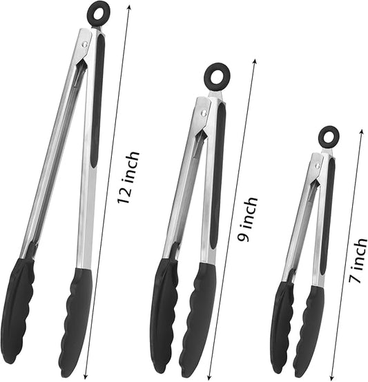 Kitchen Tongs for Cooking Locking Silicone Stainless Steel Buffet Serving Tongs, 7,9 and 12 Inch Silicone Spatula Non-stick,Heat Resistant 4 Pack